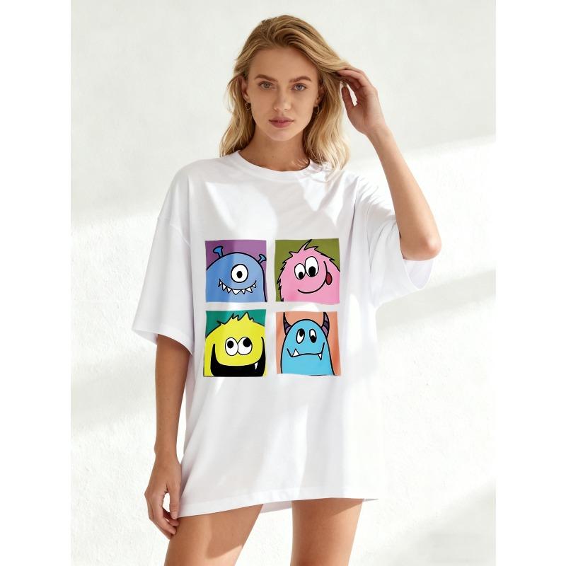 Oversized T Shirt Black Cartoon Monsters Print For Casual Wear And Everyday Style