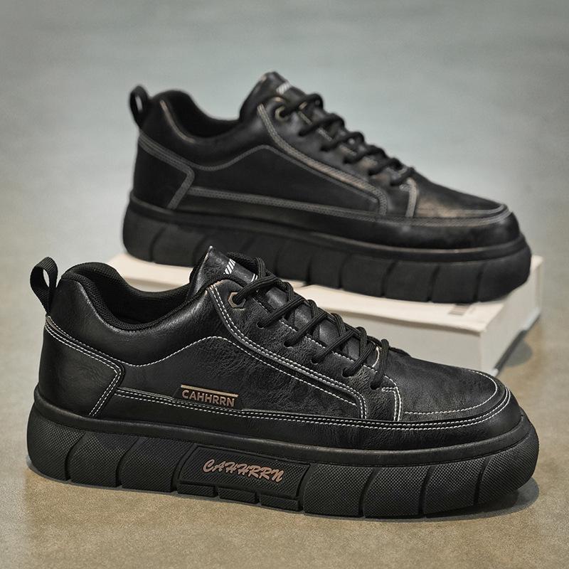 Men's Trendy Black Leather Waterproof Non-slip Sneakers - Breathable and Versatile for Spring Casual Sports