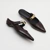 Fashion 2025 Summer Women Mules Genuine Leather Women Shoes Pointed Toe Med Heel Slippers Cover Toe Slingback Sandals Metal Buckle Shoe