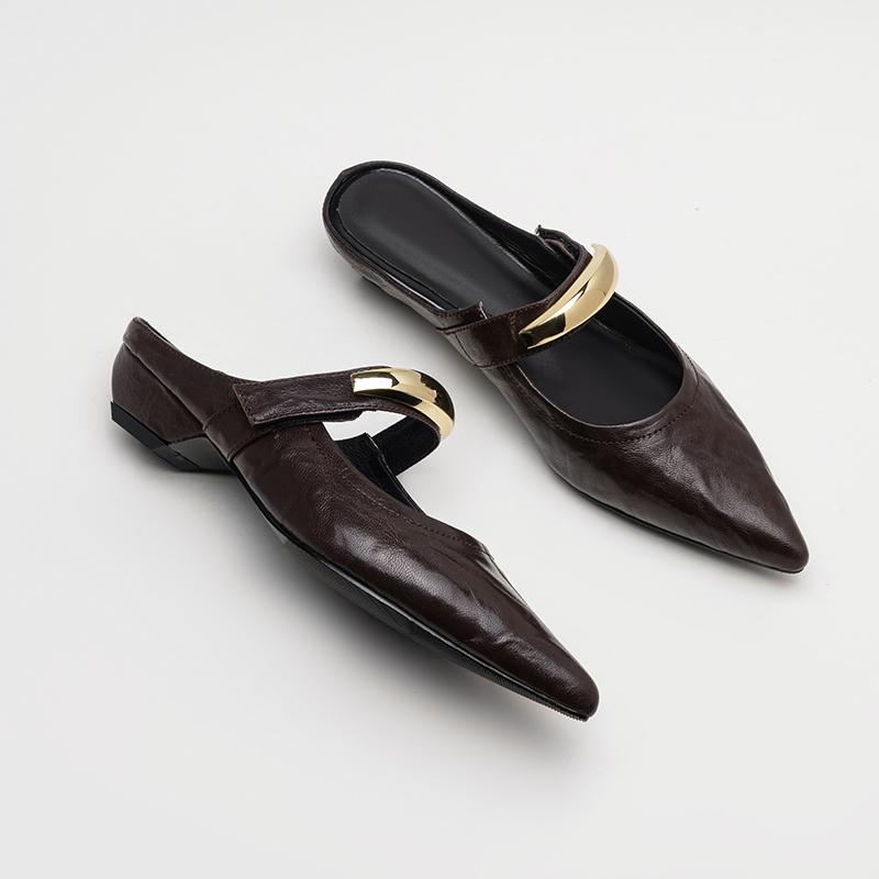 Fashion 2025 Summer Women Mules Genuine Leather Women Shoes Pointed Toe Med Heel Slippers Cover Toe Slingback Sandals Metal Buckle Shoe