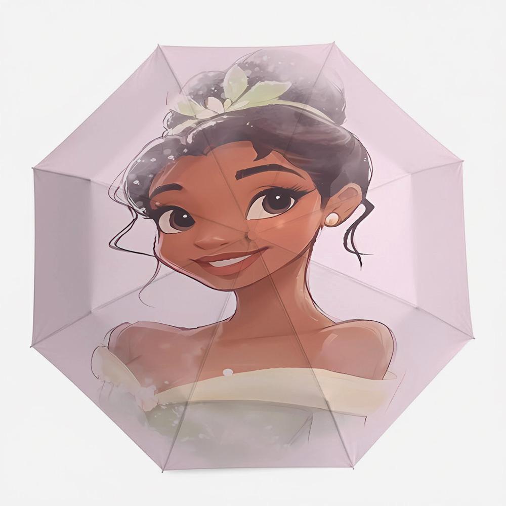Disney Princess Tiana Elegant Portrait Watercolor Art Print Automatic Folding Umbrella, Soft Pink Waterproof Windproof Travel Um (as the picture,Iron&8K)