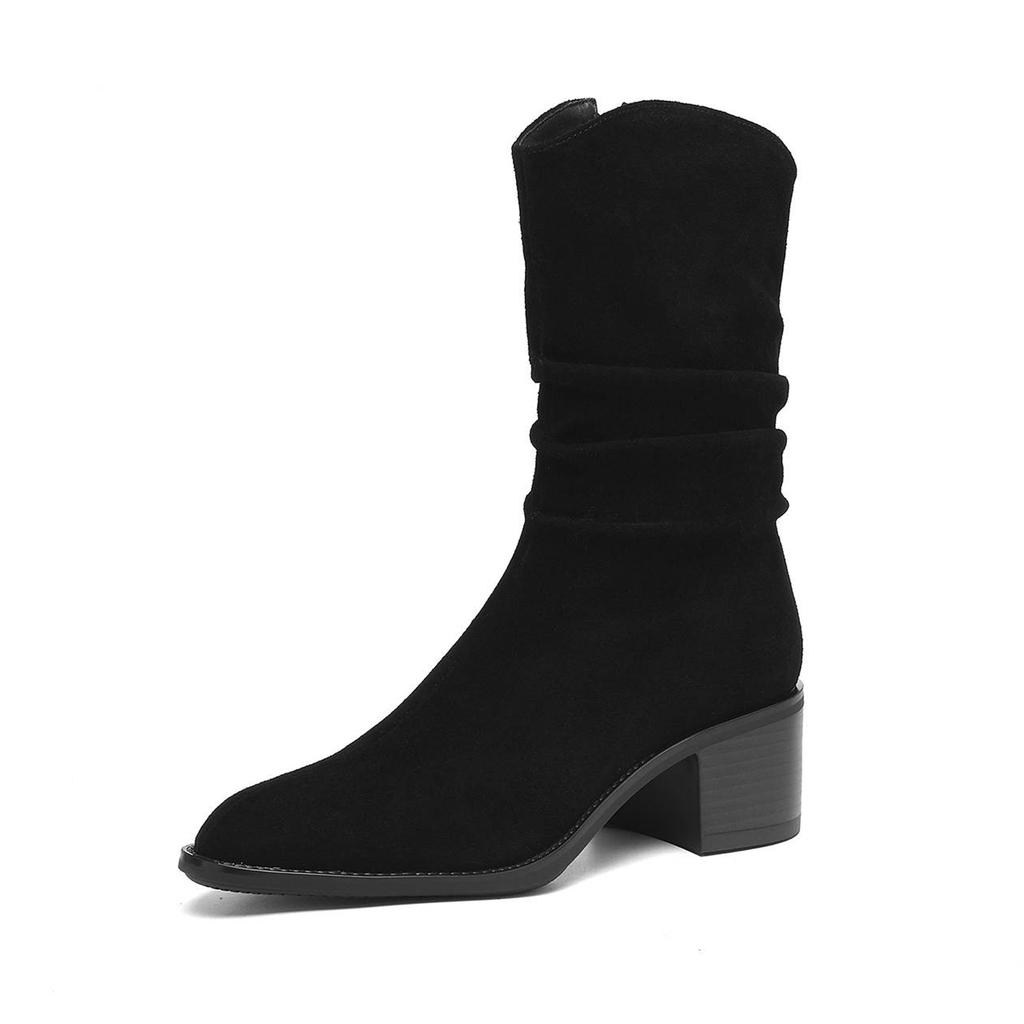 Krazing Pot Cow Suede Nubuck Round Toe Thick Heels Western Boots Size 42 Slip on Women Pleated Decoration Mid-calf Boots