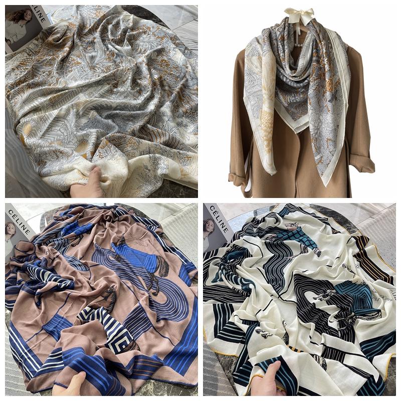 130*130cm 30% Seide +70% Wolle Schal Retro Vintage Luxuriös Weich Stola Groß Warm Winter Wickeltuch für Damen