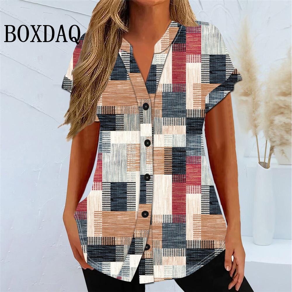 Print Graffiti Cardigan Women Short Sleeve Tops Loose V-Neck Summer Streetwear Shirts Female Single Breasted Casual Blouses 2024