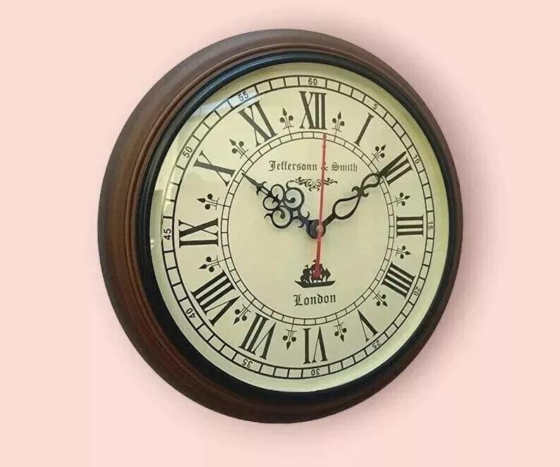 Handmade Wooden Wall Clock 12 Inch Nautical Deep Glass Vintage Stayle Roman