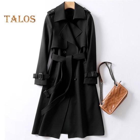 Fall Winter Women Jacket Double-breasted Buttons Solid Color Turn-down Collar with Belt Mid Length Windproof Outdoor Overcoat