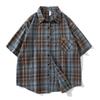 Men Blue Brown Plaid Pattern Short Sleeve Button Down Casual Loose Fit Shirt