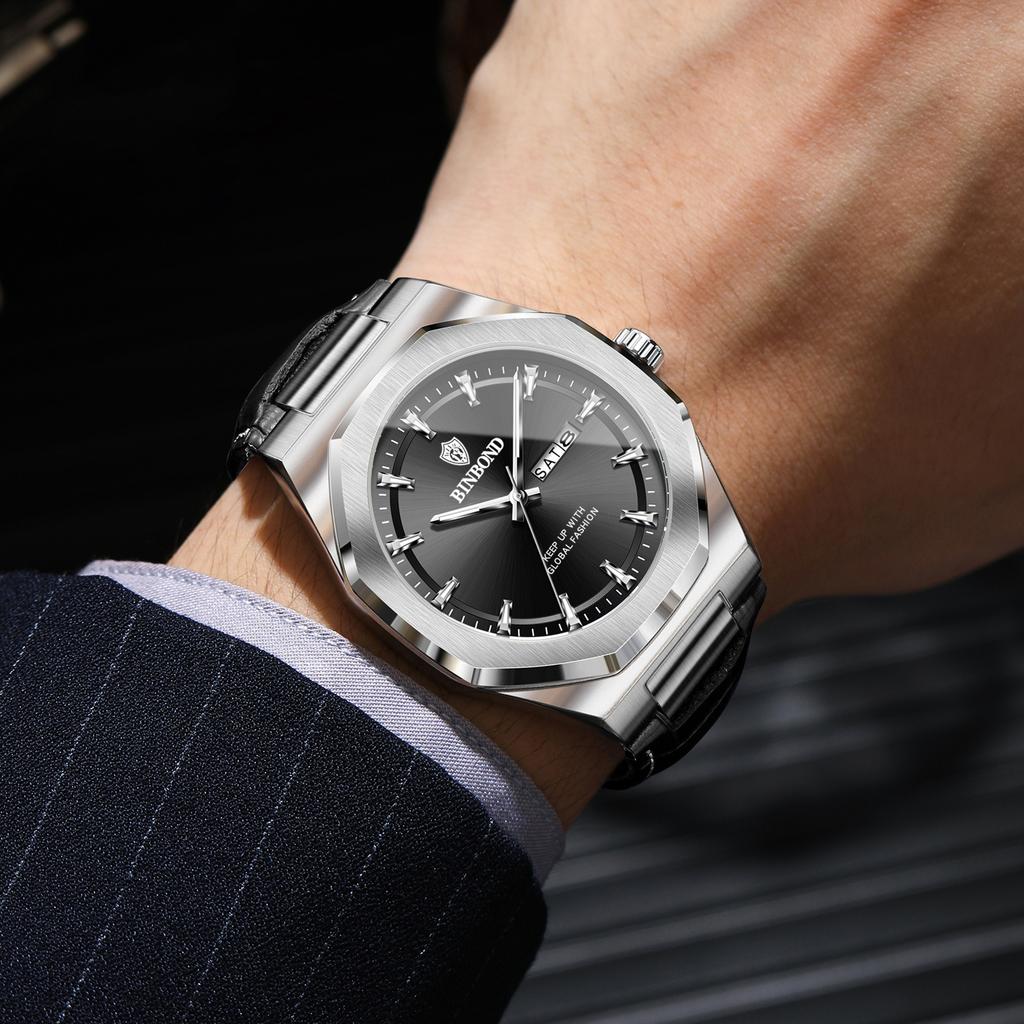BINBOND Quartz Watches For Men Luminous Waterproof Luxury Auto Date Week Display Men's Watch Reloj Leather Wristwatch