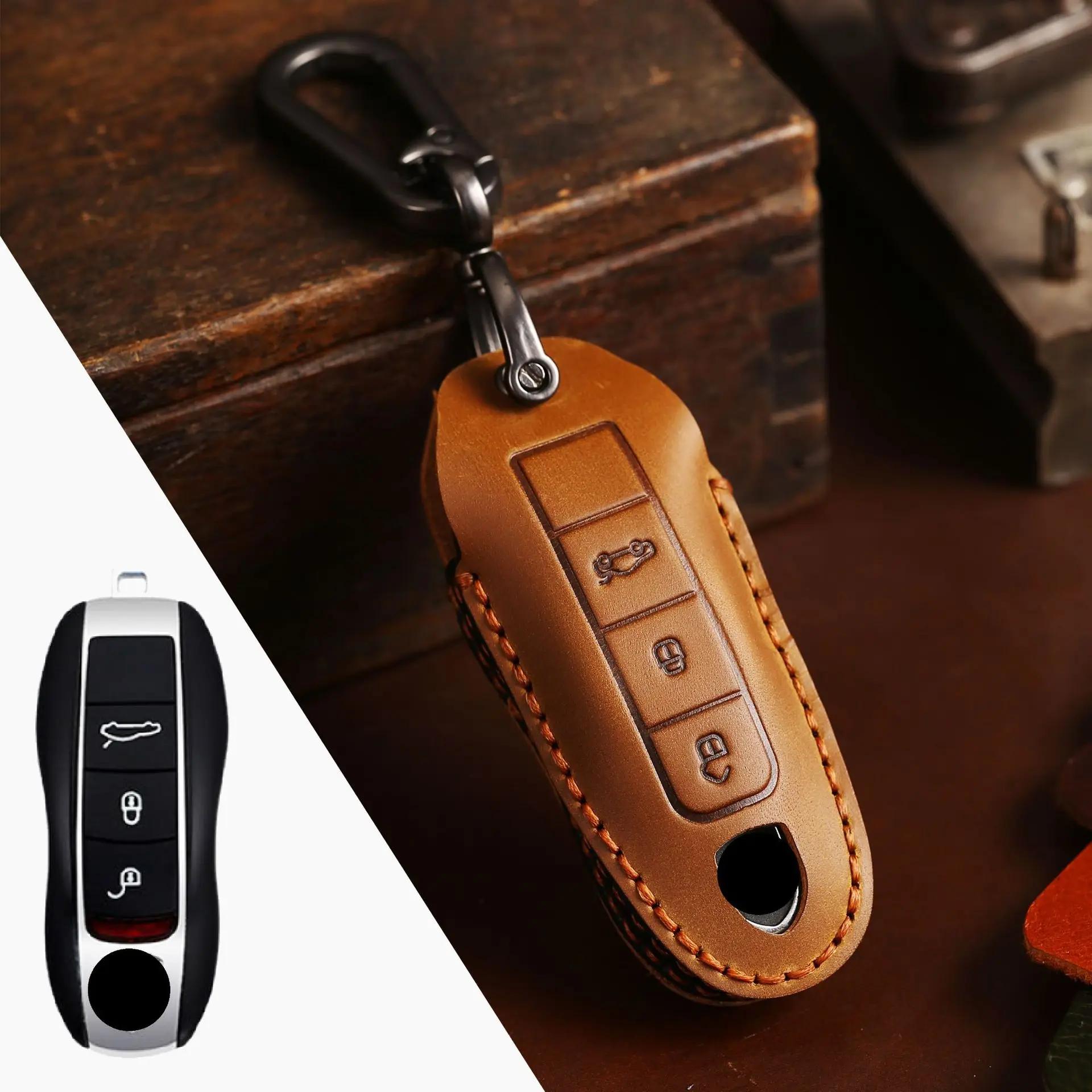 

Car Key Case for Porsche Panamera Spyder Carrera Macan Boxster Cayman Cayenne 911 970 981 Leather remote cover protect keychain коричневий