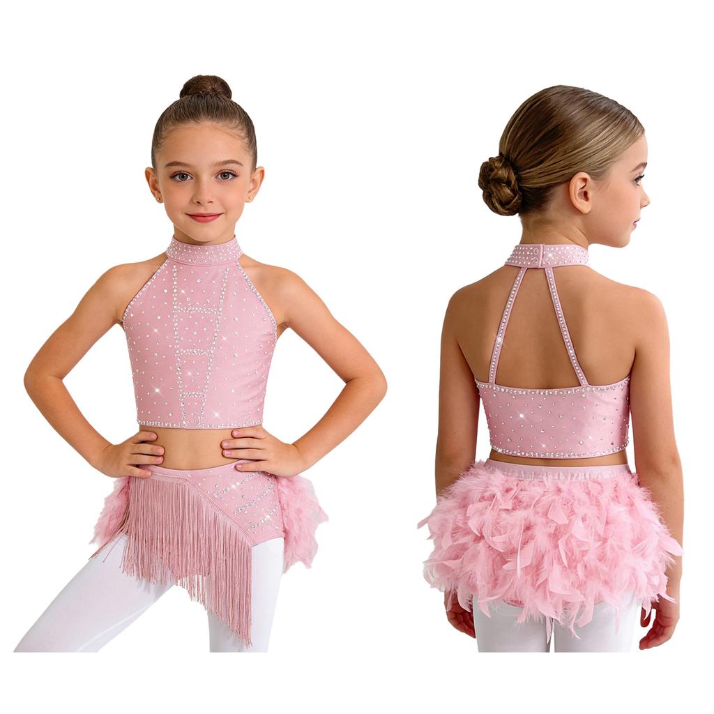 Trblietavý tanečný kostým s perami a strapcami pre deti, dievčatá: Crop top s halter krkom a prekríženým chrbtom a elastickou sukňou pre javiskové vystúpenie