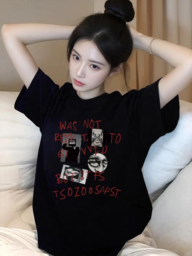 American trend big version heavy pure cotton front shoulder crew neck short-sleeved T-shirt couple summer loose and thin casual ins S чёрный