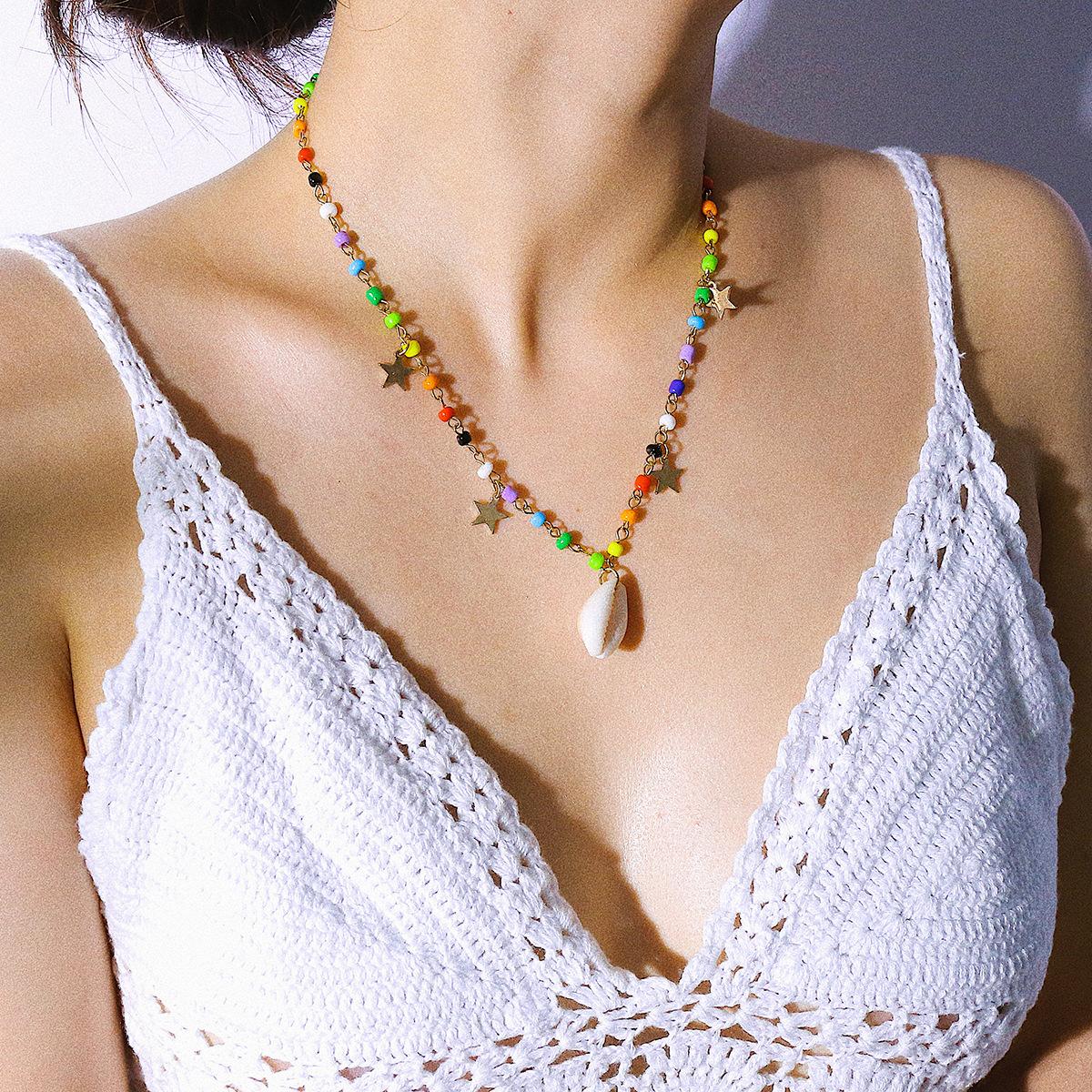 Богемное Звездное Ожерелье из Цветных Рисовых Бусин, Простое и Универсальное Летнее Ожерелье с Подвеской из Жемчужной Раковины для Женщин