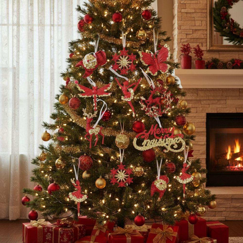 Gold Sequin Christmas Tree Pendant Butterfly Dragonfly Xmas Tree Pendant Ice Bar Knot Girl Glitter Snowflake Elk Ornaments