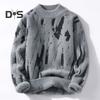 Men Winter Sweater Contrast Color Graffiti Thick Plush Half-high Collar Elastic Knit Long Sleeves Daily Wear School Dating Sweater