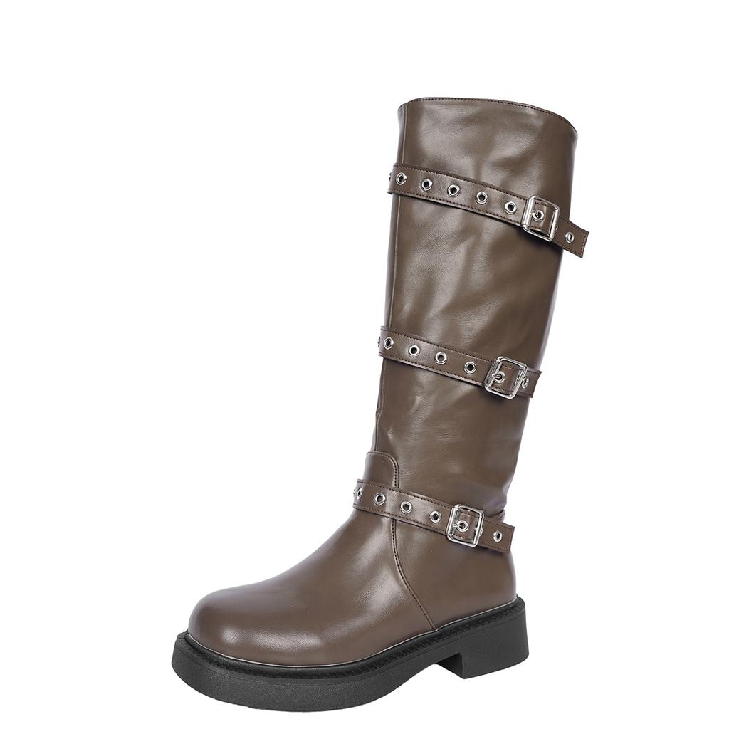Women's Autumn Boots Pu Leather Belt Buckle Knee High Boots Black Brown Western Cowboy Casual Shoes Medium Heel Bottes Femmes