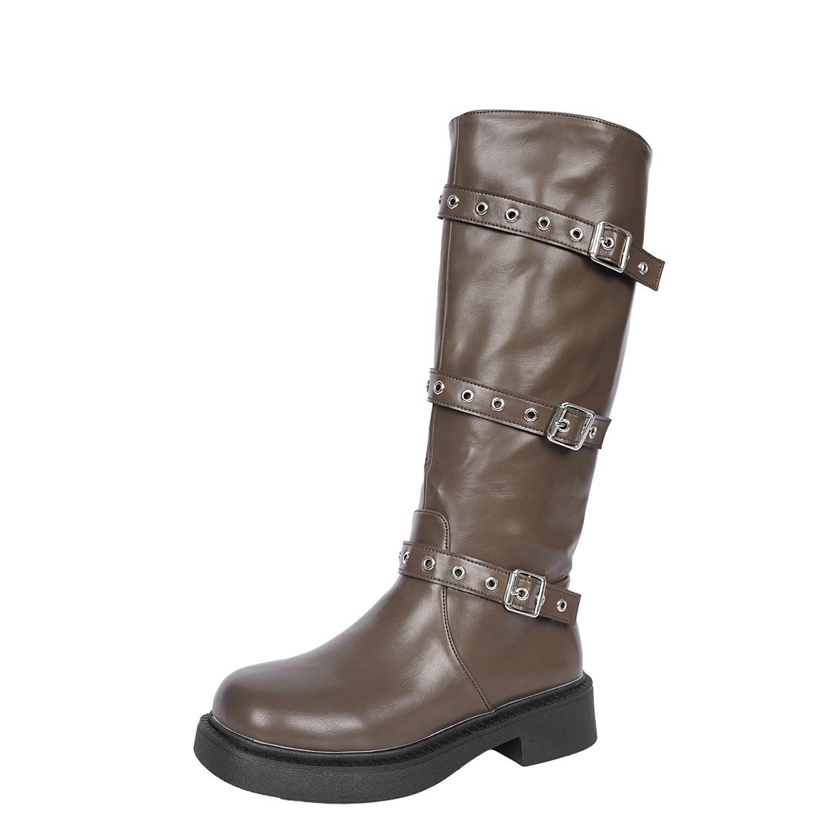 

Модные женские осенние сапоги из искусственной кожи с ремешком и пряжкой, сапоги до колена, черные, коричневые, в стиле вестерн, повседневная обувь, средний каблук, женские ботинки 42 коричневый