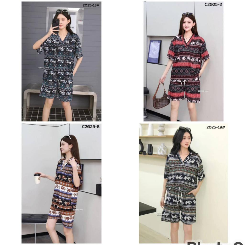 Elephant Pants Shorts Shirt Set V-neck Crop Top Short Sleeve Adjustable Elastic Waistband Strap Women Print Casual Boho Bohemian Retro Vintage