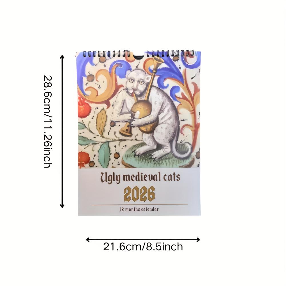 1pc 2026 Ugly Medieval Cats Calendar - Vintage Gothic Hanging Wall Calendar - Home Office Decor - Birthday Gift for Cat Lovers