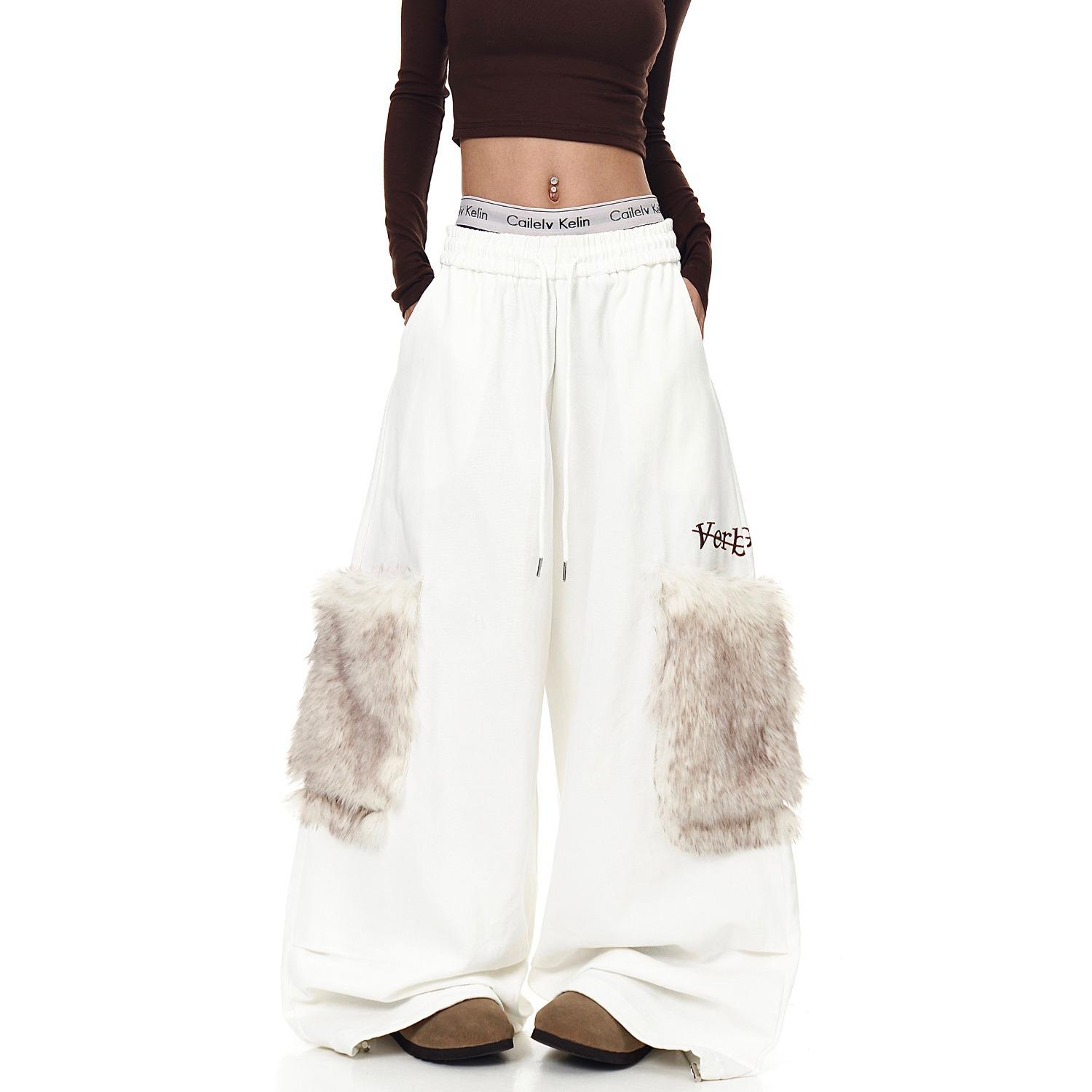 Women s American Street Style Patchwork High Waist Wide Leg Casual Pants - Autumn/Winter 2XL белый