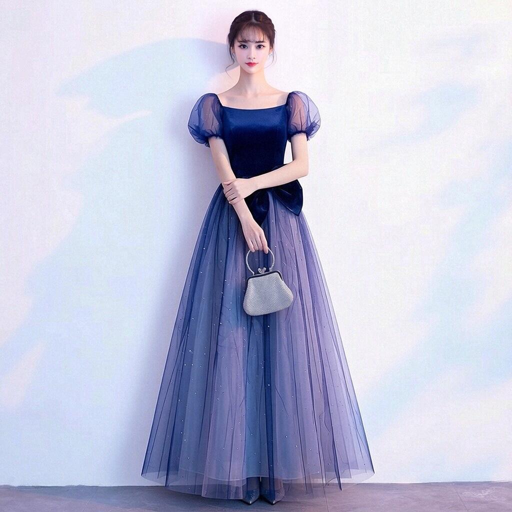 French Atmosphere Long Dress Shoulder Mesh Bubble Sleeves Waist Bow Gradual Change Flash Yarn Host Dress
