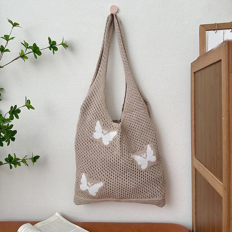 

Fashion Knitted Large Capacity Shoulder Bag Ladies Casual Handmade Beach Mesh Hollow Butterfly Woven Tote Handbag Women Clutch KTY 36x33cm