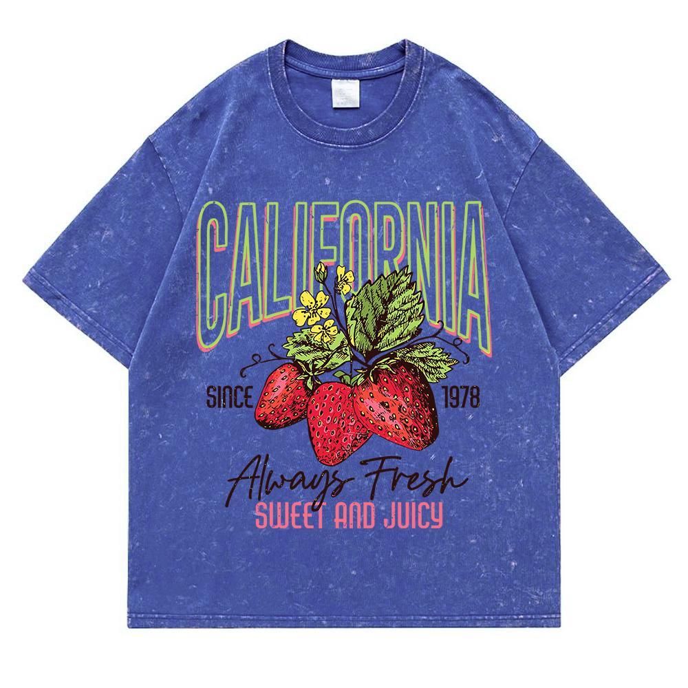 California Sweet And Juicy Washed Retro Snow Tops Man Casual Tee Clothes T-Shirts Casual Summer Cotton Loose T Shirt