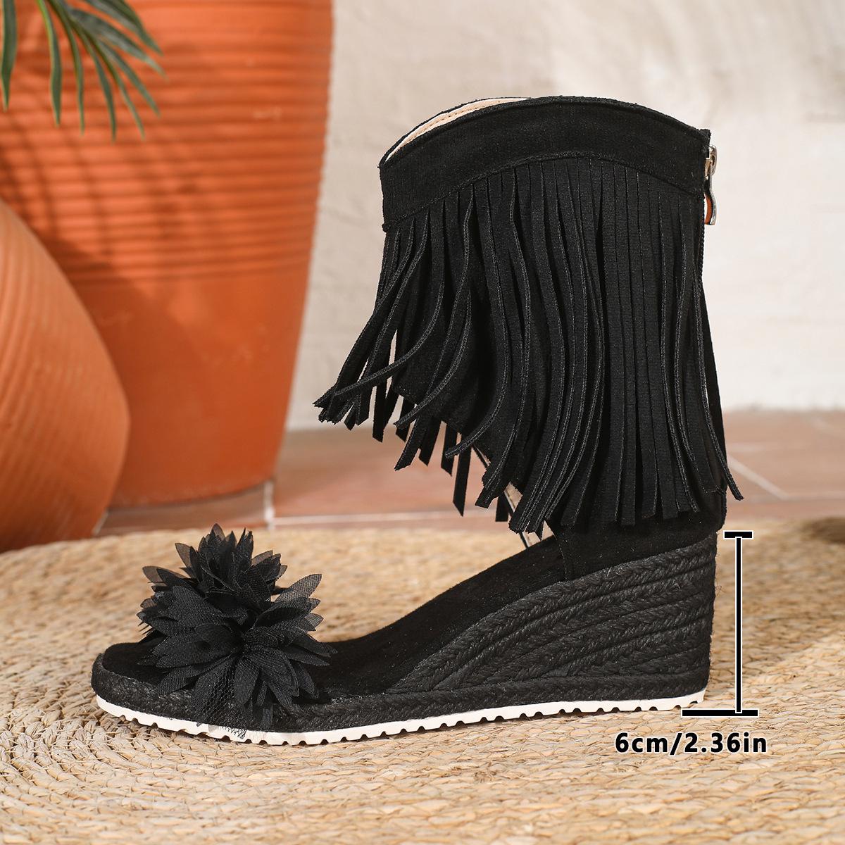 Women s Plus Size Tassel Open Toe Wedge Sandals - Stylish High Heel for Outdoors 41 чёрный