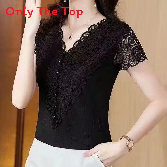 Summer Slim Fit T Shirt With Lace Paneling Polyester Fabric For Office Wear For Women