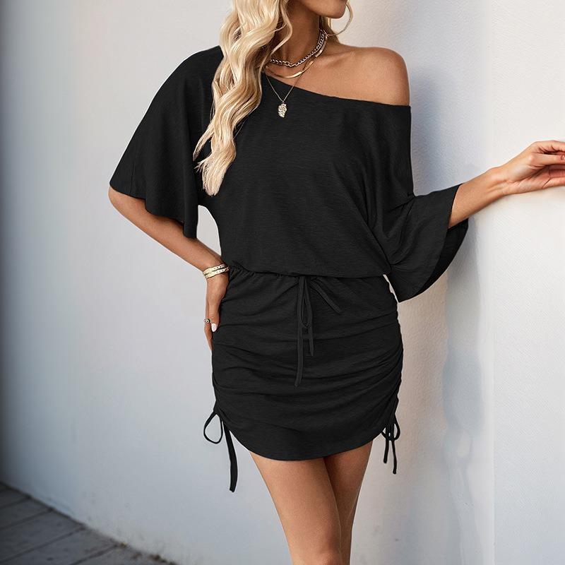 VEZFAA Women's Fashion Summer Spring Solid Color Print Short Sleeve Oblique Collar Middle Waistline Casual Dresses