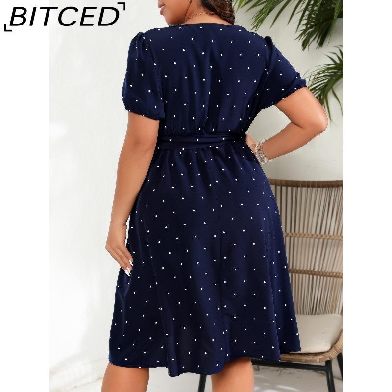 BITCED Plus Size Women's Elegant Vintage Polka Dot Waist-Tied Square Neckline Full-Skirt Dress