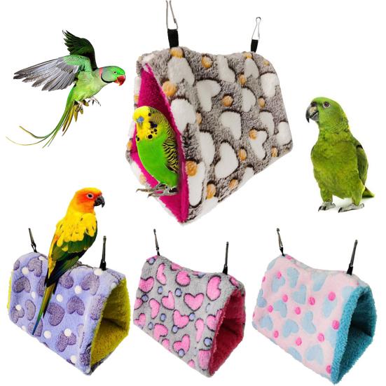 Pet Bird Parrot Plush Heart Print Warm Soft Hanging Hammock Sleeping Bed Nests