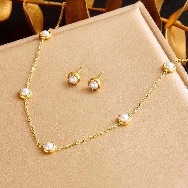 Gold Plated Round Pearl Jewelry Set Necklace Bracelet Earrings for Women Stainless Steel