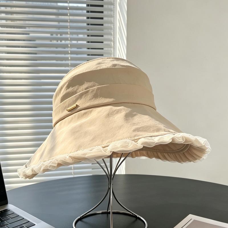 Simple commuter wind lotus leaf edge empty top sunscreen hat female summer big brim sun hat showing small face travel versatile mesh gauze hat