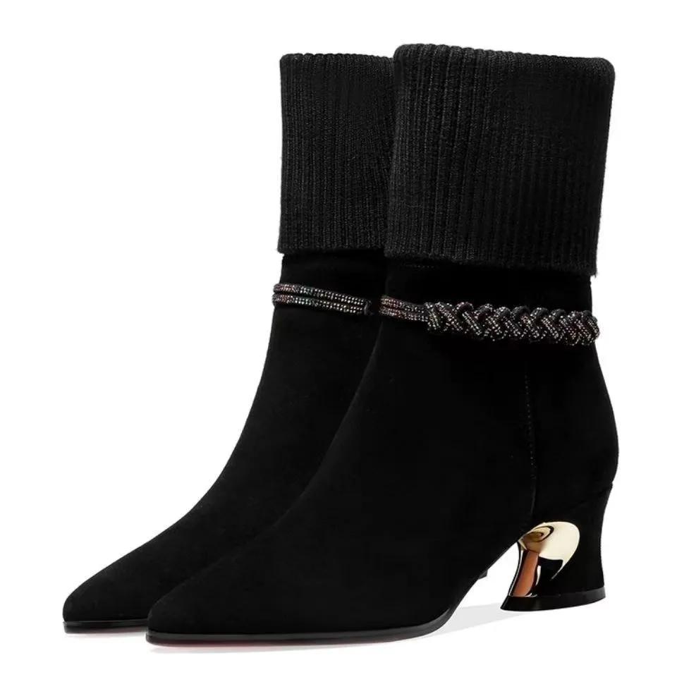 

women casual high quality pointed toe square heel boots lady fashion elegant black comfort heel shoes botas ab622 35