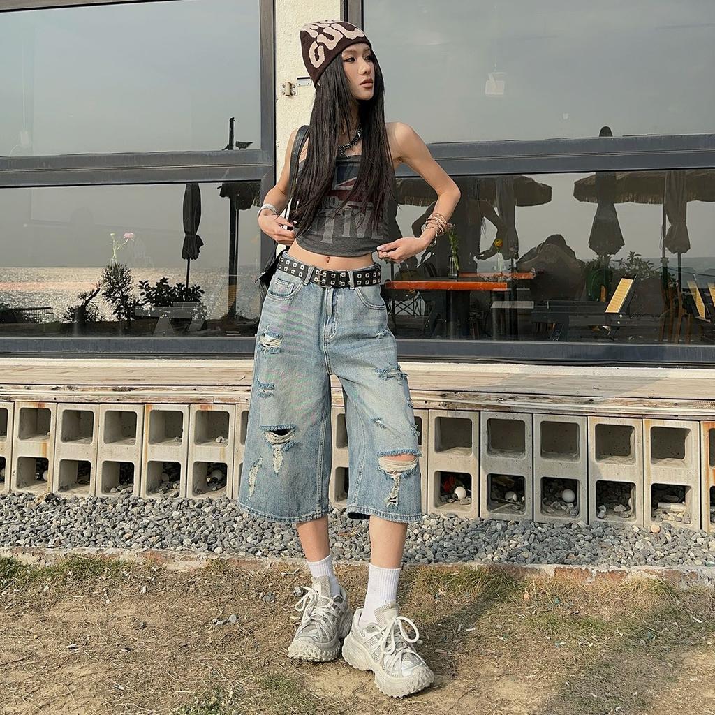 Spring Vintage High Waist Ripped Loose Wide Leg Distressed Straight Cropped Capri Denim Pants For Women  Versatile Slimming FigureFlattering Design
