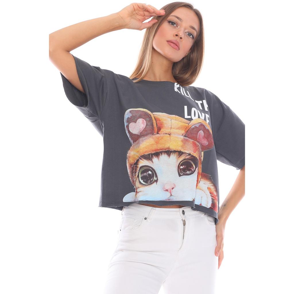 Hanorac de damă cu imprimeu antracit cu pisici