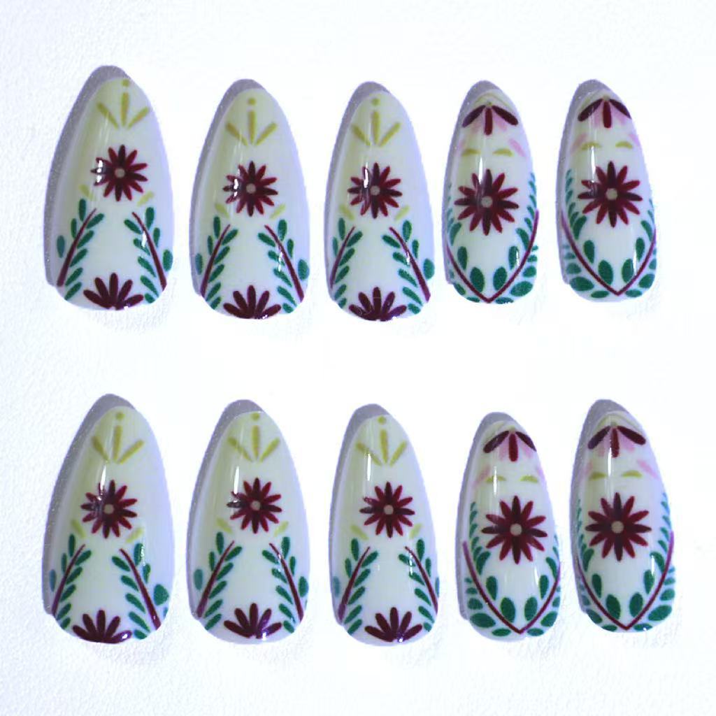 Europe, America, autumn and winter nail art wear nail simple fashion flower leaf gold pattern almond wear nail