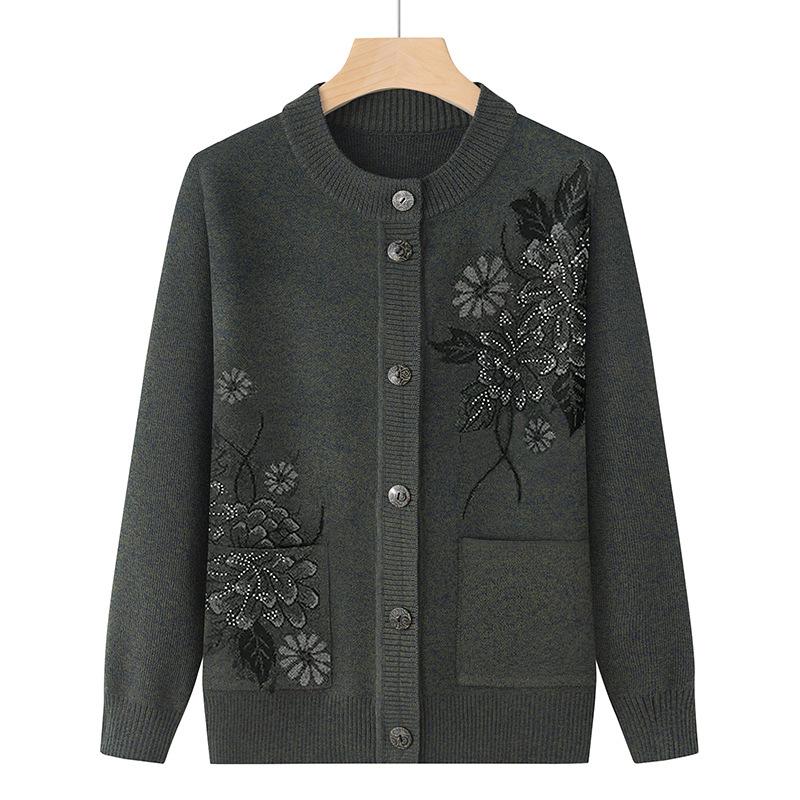 

Свитер с длинными рукавами и принтом для пожилых мам среднего возраста, весна-осень, женская вязаная нижняя рубашка, бабушкин кардиган XXL темно-зеленого