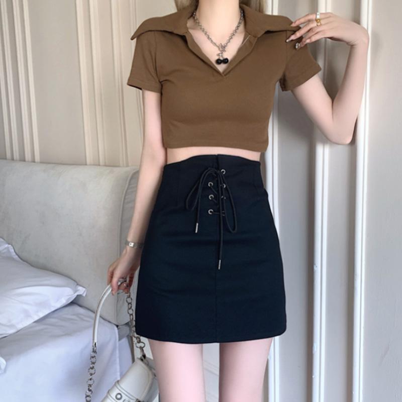 Women's Drawstring Bodycon Skirts Summer High Waist Slim Fit Vintage Black Bottoms Streetwear Y2K Clothing