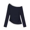 Sweet Slanted Shoulder Lace Splicing Long-sleeved Shirt Women's Early Autumn New Off-the-shoulder Slim-fitting and Thin Inner Top Tide