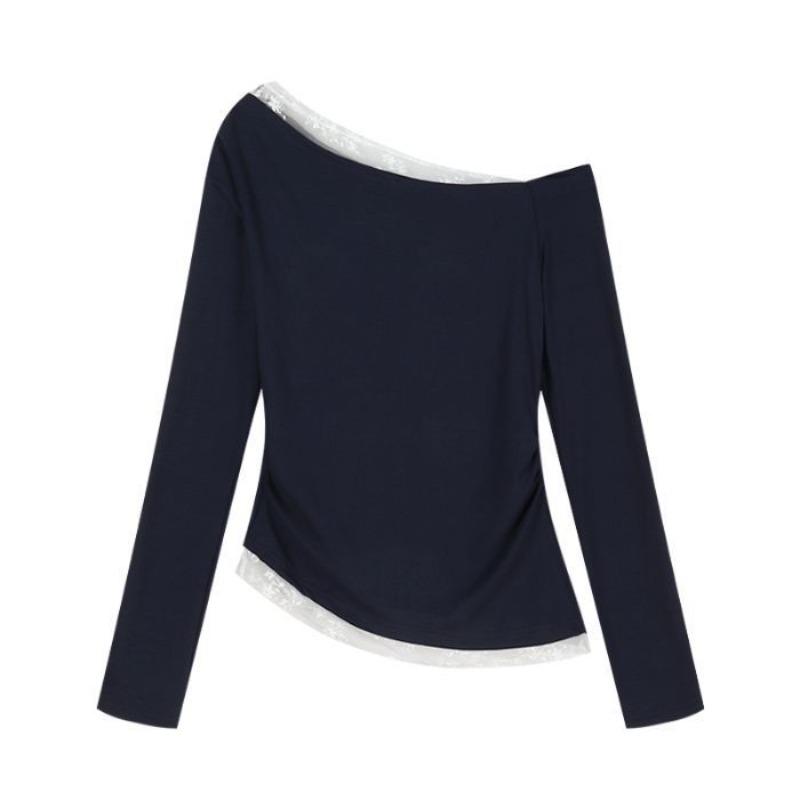 Sweet Slanted Shoulder Lace Splicing Long-sleeved Shirt Women's Early Autumn New Off-the-shoulder Slim-fitting and Thin Inner Top Tide