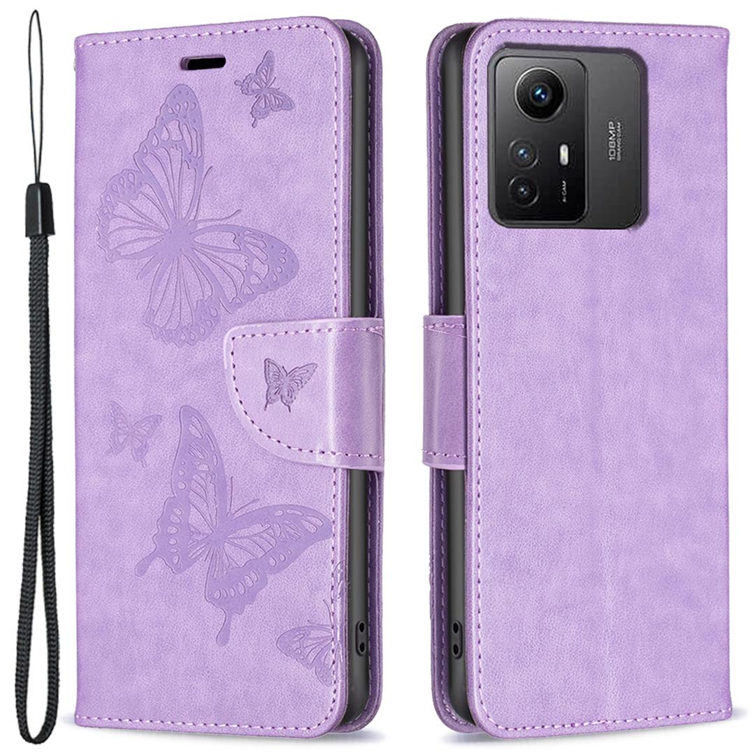 

For Xiaomi Redmi Note 12S 4G Stand Wallet Phone Case Butterfly Imprinted Leather Flip Cover with Strap Purple