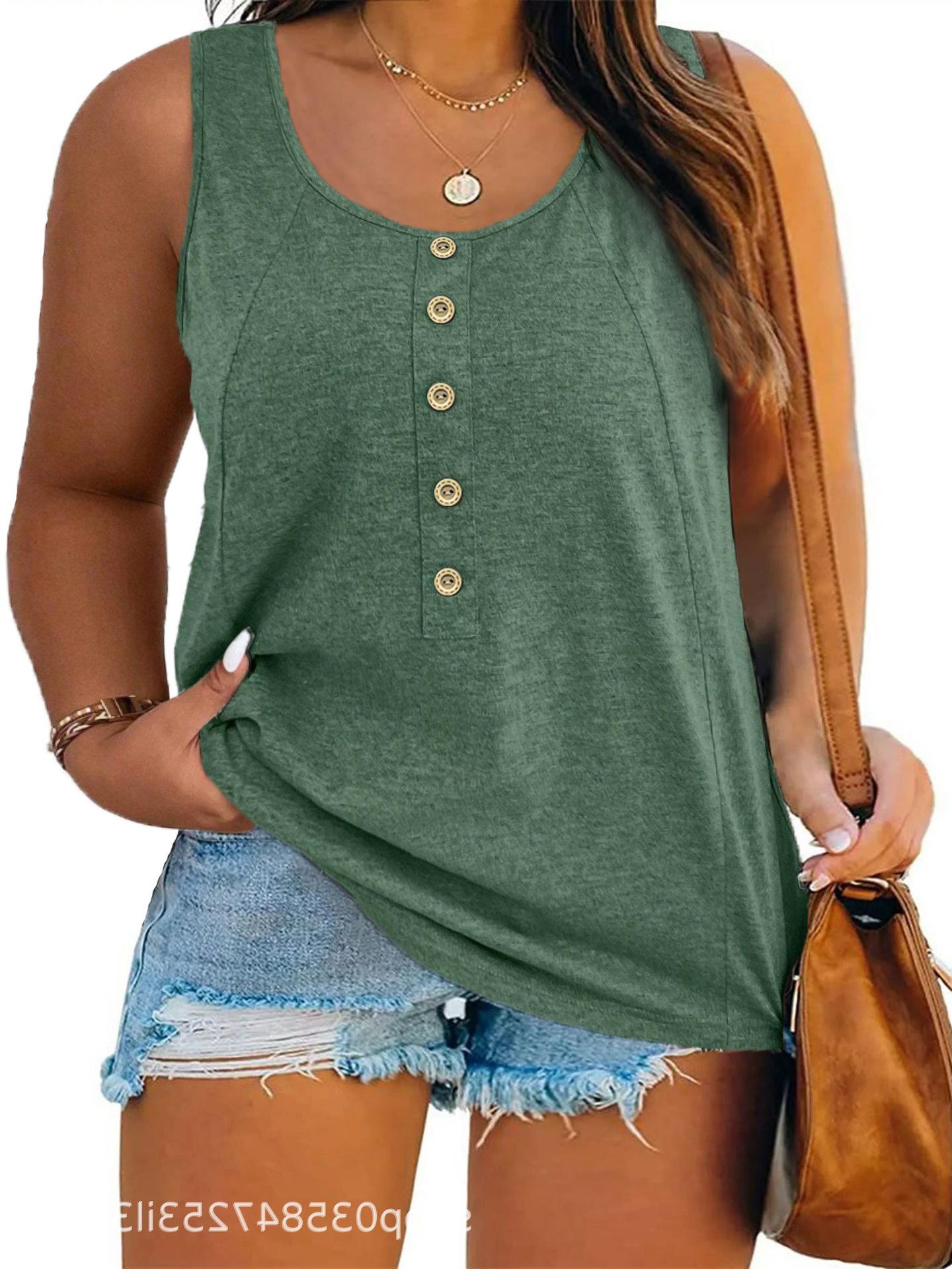 

Plus Size Women s Sleeveless V-neck Loose Black Vest Top - Casual U-Button Style, Solid Color, 2025 European American Design 5XL зелёный