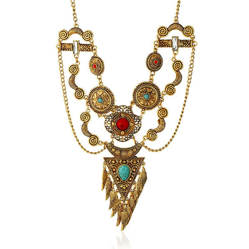 

Bohemian Ethnic Fashion Alloy Necklace with Turquoise Inlaid Wing and Tassel Design