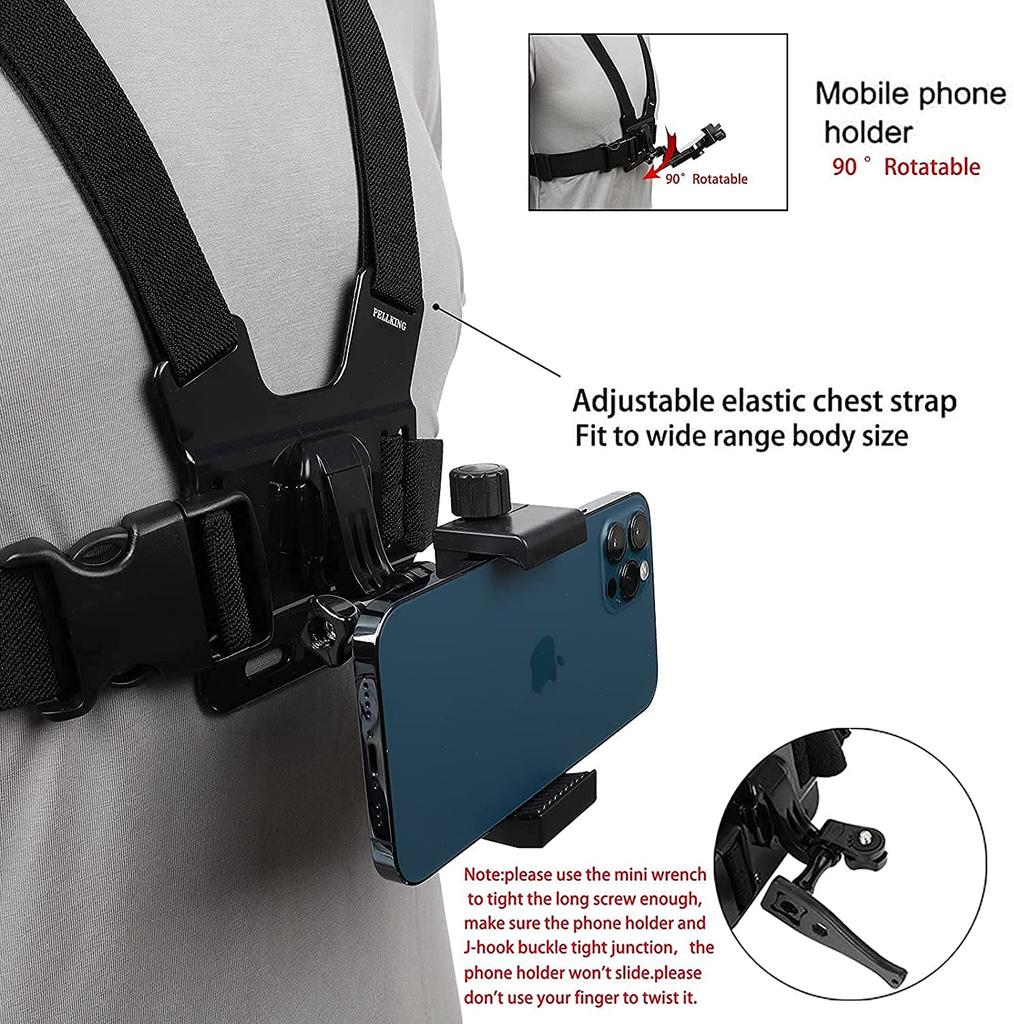 PellKing Handy Brustgurt Geschirr Halterung Kopfband Halter Kit für Handy Clip Kompatibel mit GoPro Hero DJI Action Kameras POV/VLOG, iPhone, Samsung,