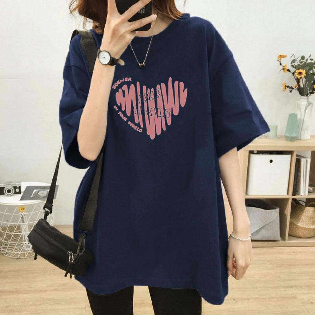 Plus Size Cotton T-Shirt - Women's Summer Short Sleeve Pink Heart Mid-Length Loose European Style