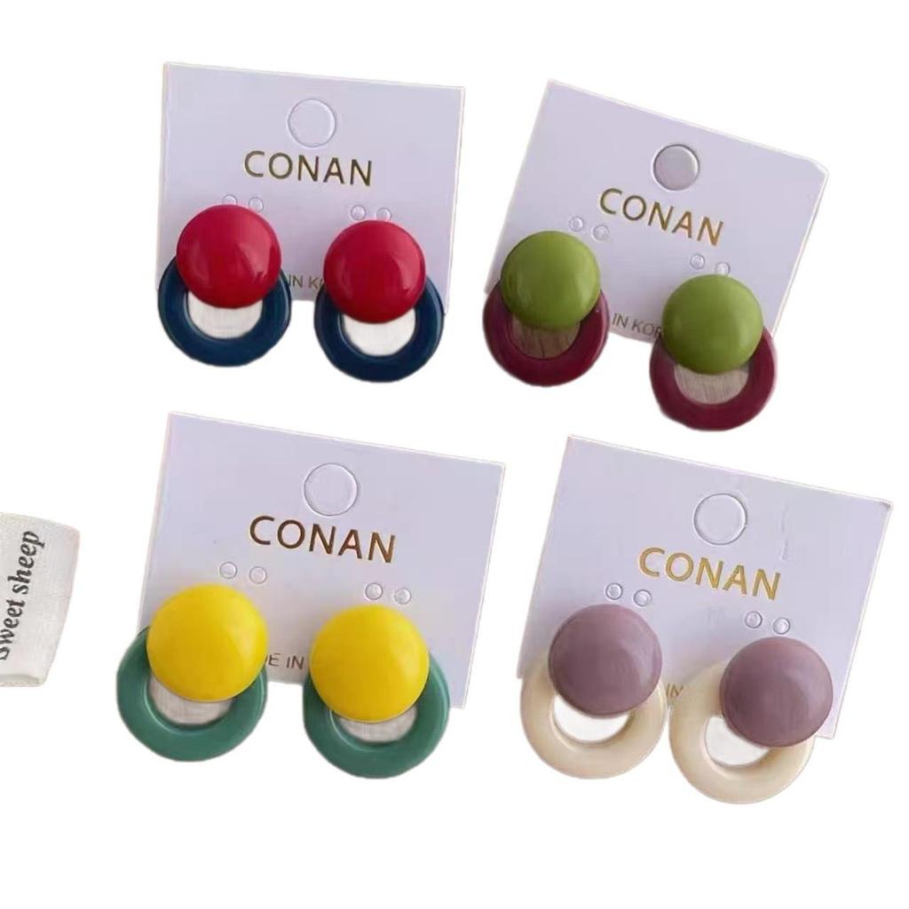 Korean Style Geometric Resin Color Block Stud Earrings - Women's Light Luxury Round Hoops Jewelry