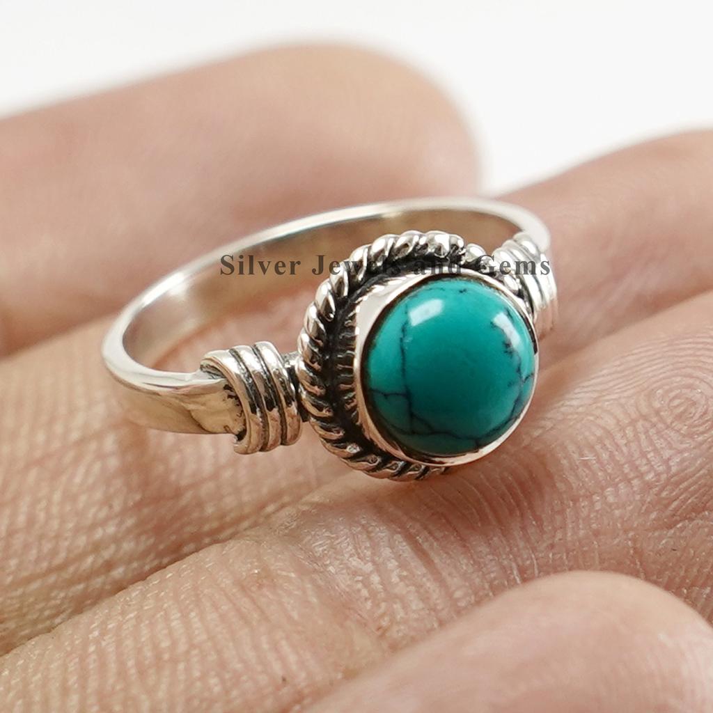 Runder Türkisring, Handgefertigter Ring aus 925er Sterlingsilber, Natürlicher Türkis Design Ring, Geburtssteinring, Verlobungsring, Boho Ring