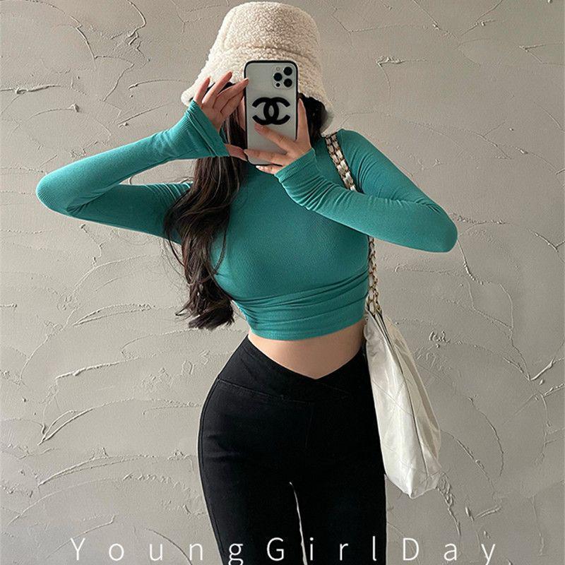 Retro Slim-Fit Pleated Half-High Collar Long Sleeve Shirt