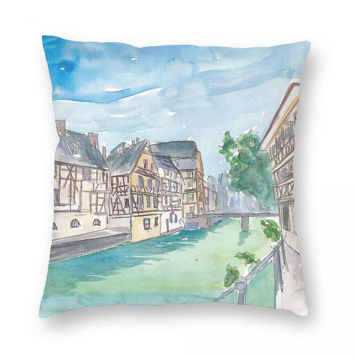 Strasbourg Petite France Water View Square Pillowcase Polyester Linen Velvet Pattern Decor Throw Pillow Case Bed Cushion Cover 30x30cm